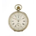 Gentleman's silver open face chronograph pocket watch, the case stamped Omega 3256106, housed in a