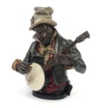 Austrian hand painted life size terracotta bust of a banjo player, after Pietro Calvi possibly by