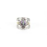 9ct gold rainbow quartz and diamond triple row ring, size M, 5.2g :For Further Condition Reports