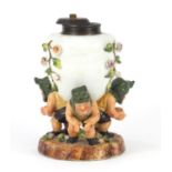 Continental hand painted porcelain gnome design lamp base, indistinct factory marks to the base,