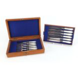 Set of six silver plated fish knives and forks with mother of pearl handles, housed in a fitted