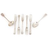 Five Georgian silver table forks, a tablespoon and ladle, various hallmarks, the largest 21cm in