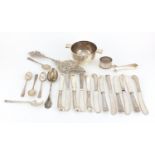 Silver items including a twin handled quaich, teaspoons, sugar tongs and silver handled butter