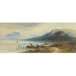 Edwin Earp - Mountainous coastal scene with moored fishing boats, 19th century watercolour,