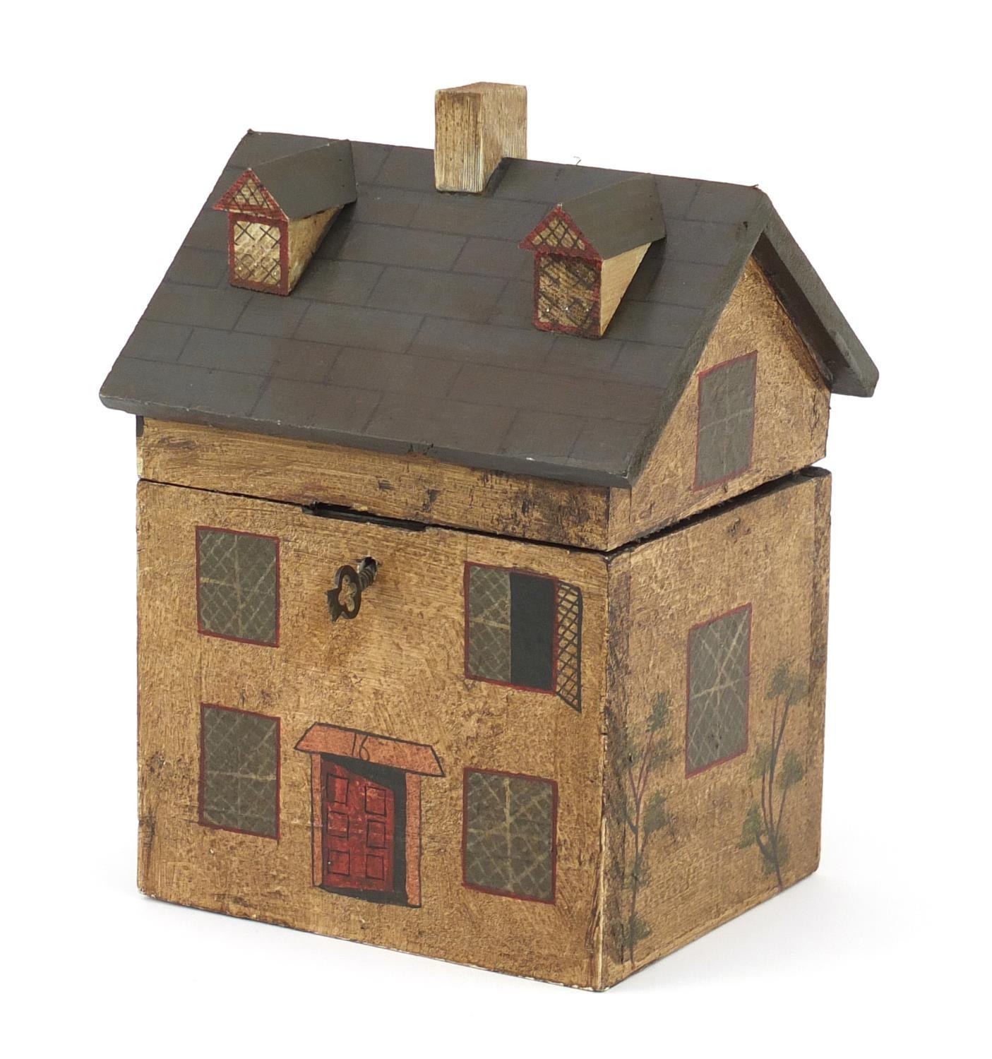 Hand painted carved wooden Georgian house design box with hinged lid, 22.5cm high :For Further