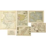 Six antique maps including a map of Spain and Portugal by Emanuel Bowen and North Hamptonshire by