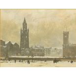 Snow scene with church, early 20th century English school gouache, print out verso, mounted and