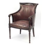 Mahogany and brown leather library chair on tapering legs, 91cm high :For Further Condition