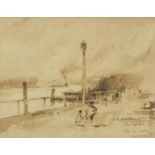 Sir James Peile - Chiswick, figures on a promenade, watercolour and wash, gallery label verso,