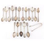Georgian and later silver teaspoons and sugar tongs, various hallmarks, 295.0g :For Further