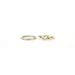 9ct white gold wedding band, size N and a 9ct gold crossover ring, size T, 4.0g :For Further