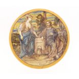 Anituqe Italian Maiolica tazza by Emile Lessore, hand painted with two figures before a landscape,