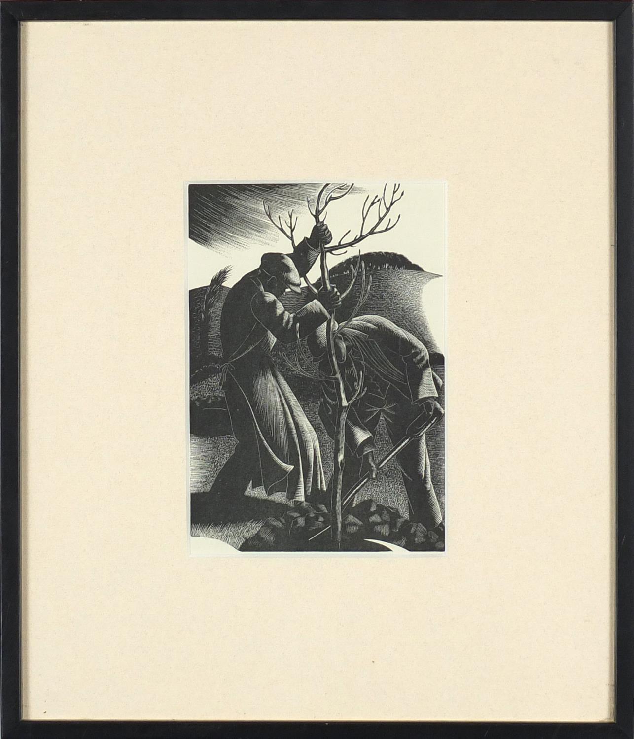 Claire Leighton - Men planting, black and white print, mounted and framed, 17.5cm x 12cm :For - Image 2 of 3