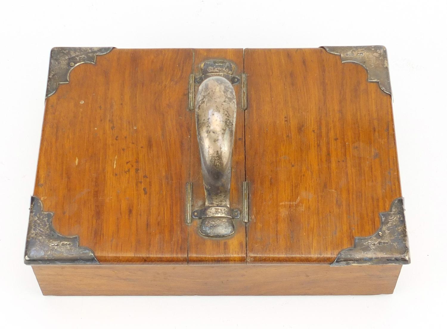 Edwardian oak cigar box with silver mounts and handle by Mappin & Webb, indistinct London hallmarks, - Image 2 of 10