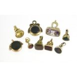 Antique and later seals and fobs, some gold, set with stones including citrine, bloodstone and