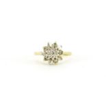 18ct gold diamond flower head ring, size O, 3.2g :For Further Condition Reports Please Visit Our