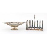 Silver six slice toast rack and an oval pedestal bon bon dish, Sheffield hallmarks, the toast rack