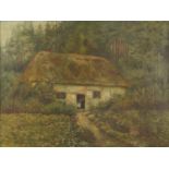 Manner of Helen Allingham - Figure with a cat by a cottage, Victorian oil on canvas, framed, 40cm