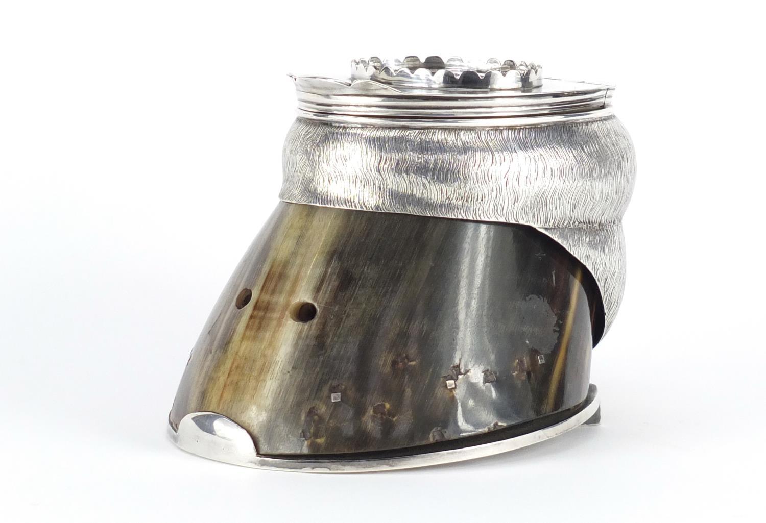 Horse hoof inkwell with silver plated mounts by Elkington & Co, 12.5cm high :For Further Condition