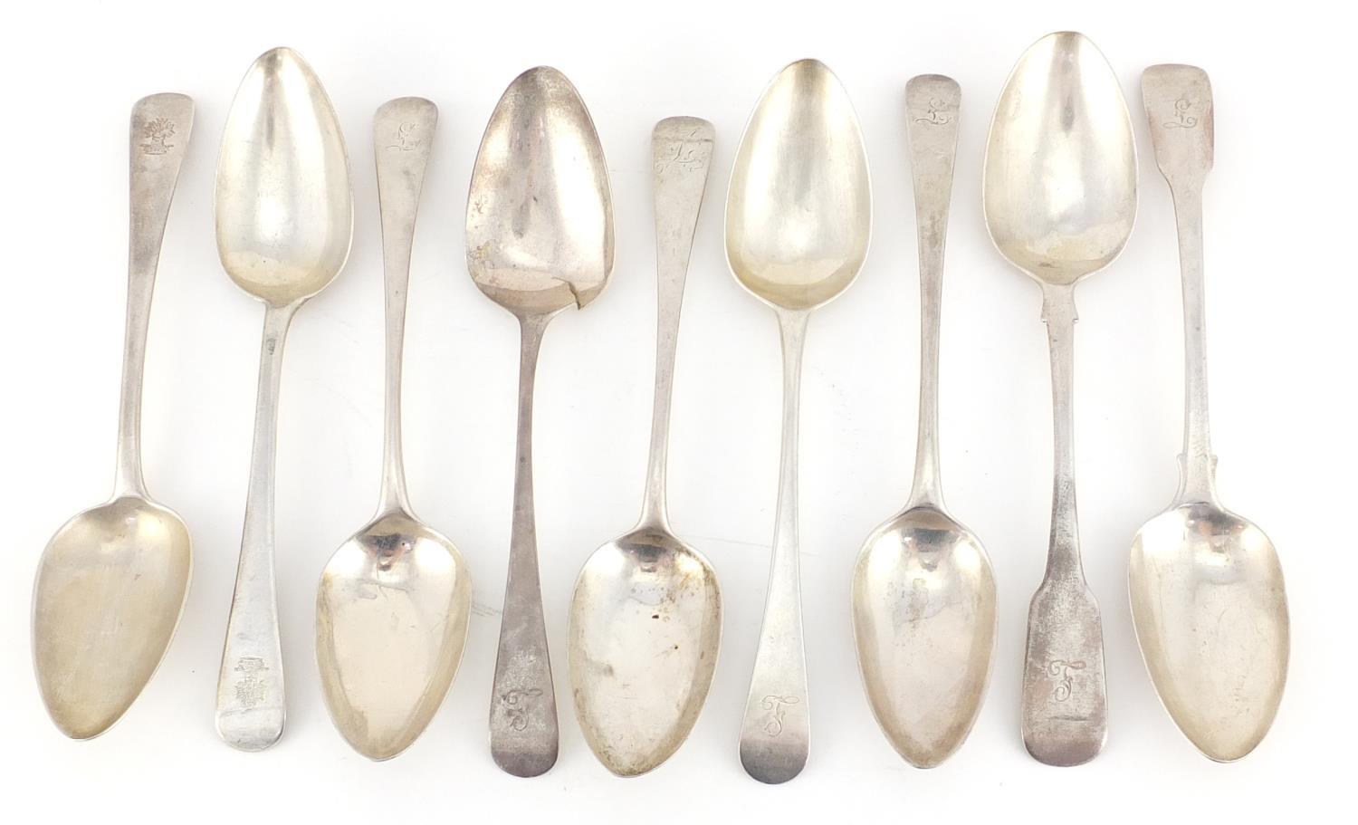 Nine Georgian silver tablespoons, various hallmarks, the largest 23cm in length, 564.5g :For Further