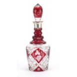 Bohemian red flashed cut glass decanter, etched with berries having a Danish 830S silver collar,