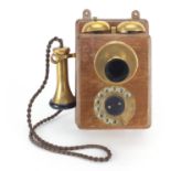 Vintage GPO oak and brass wall telephone, impressed marks to the reverse, 24cm high :For Further