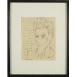 After Jean Cocteau - Self portrait with inscriptions, pencil and ink, mounted and framed, 29cm x