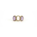 9ct gold opal and amethyst ring, London 1976, size M, 3.3g :For Further Condition Reports Please