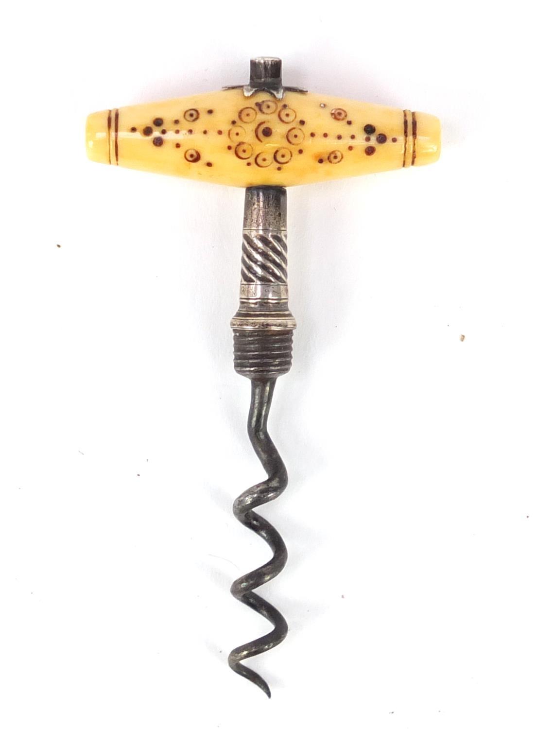 Antique silver travel corkscrew with ivory handle and steel worm by Samuel Pemberton, 8cm in - Image 3 of 5