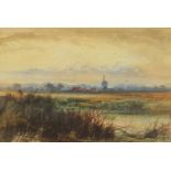 Marshland with windmill in the distance, 19th century Dutch school watercolour, bearing a monogram