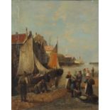 Kirk Van Hoom - Dutch harbour with fishing boats and fishermen, 19th century oil on canvas,