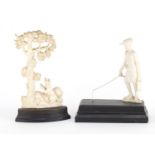 Two antique ivory carvings including and Indian example of a fisherman, both raised on ebony