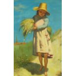 Young girl holding wheat, Italian school oil on board, bearing an indistinct signature, framed, 56cm