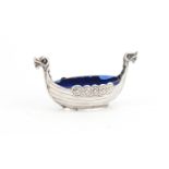 Unmarked silver Viking longboat salt with blue glass liner, embossed Norge, 8.5cm wide :For