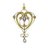 Art Nouveau 9ct gold amethyst and seed pearl pendant, 5cm in length, 4.6g :For Further Condition