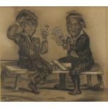 Caricature of two figures playing cards on a bench, 19th century pencil and chalk, mounted and