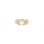 9ct gold moonstone and pink sapphire ring, size T, 3.1g :For Further Condition Reports Please