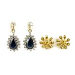 Two pairs of 9ct gold earrings set with black and clear sapphires, 3.0g :For Further Condition