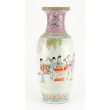 Large Chinese porcelain baluster vase, hand painted in the famille rose palette with figures in a