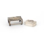 Rectangular silver matchbox case and a pill box with marcasite cat lid, the largest 4.5cm wide, 28.