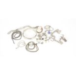 Silver and white metal jewellery including necklaces, bracelets, charms and cameo brooch, 123.0g :