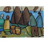 Figures before a harbour, Irish school gouache on paper, bearing a signature Markey, mounted