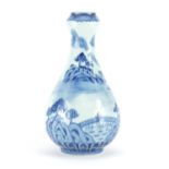 Chinese blue and white porcelain garlic neck vase, hand painted with a river landscape, six figure