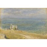 Albert Goodwin - The Fisherman's Chapel, late 19th century watercolour, inscribed label and Royal