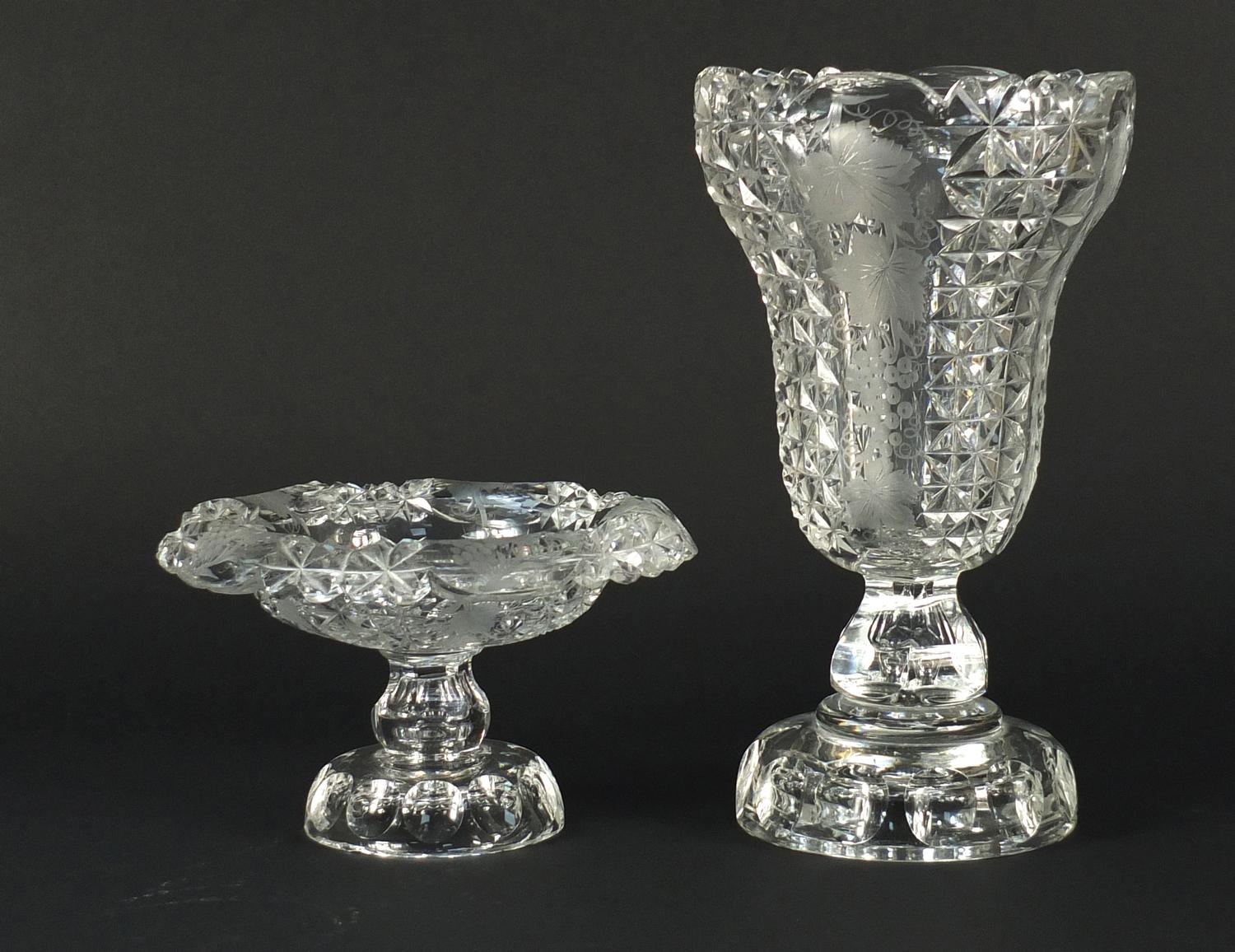 19th century cut glass vase and pedestal sweetmeat dish, etched with berries and leaves, the largest