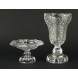 19th century cut glass vase and pedestal sweetmeat dish, etched with berries and leaves, the largest