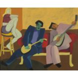 Cubist figures playing instruments in an interior, gouache, bearing a signature Milton Avery,