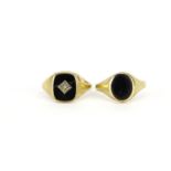 Two 9ct gold black onyx signet rings, sizes V and Y, 5.8g :For Further Condition Reports Please