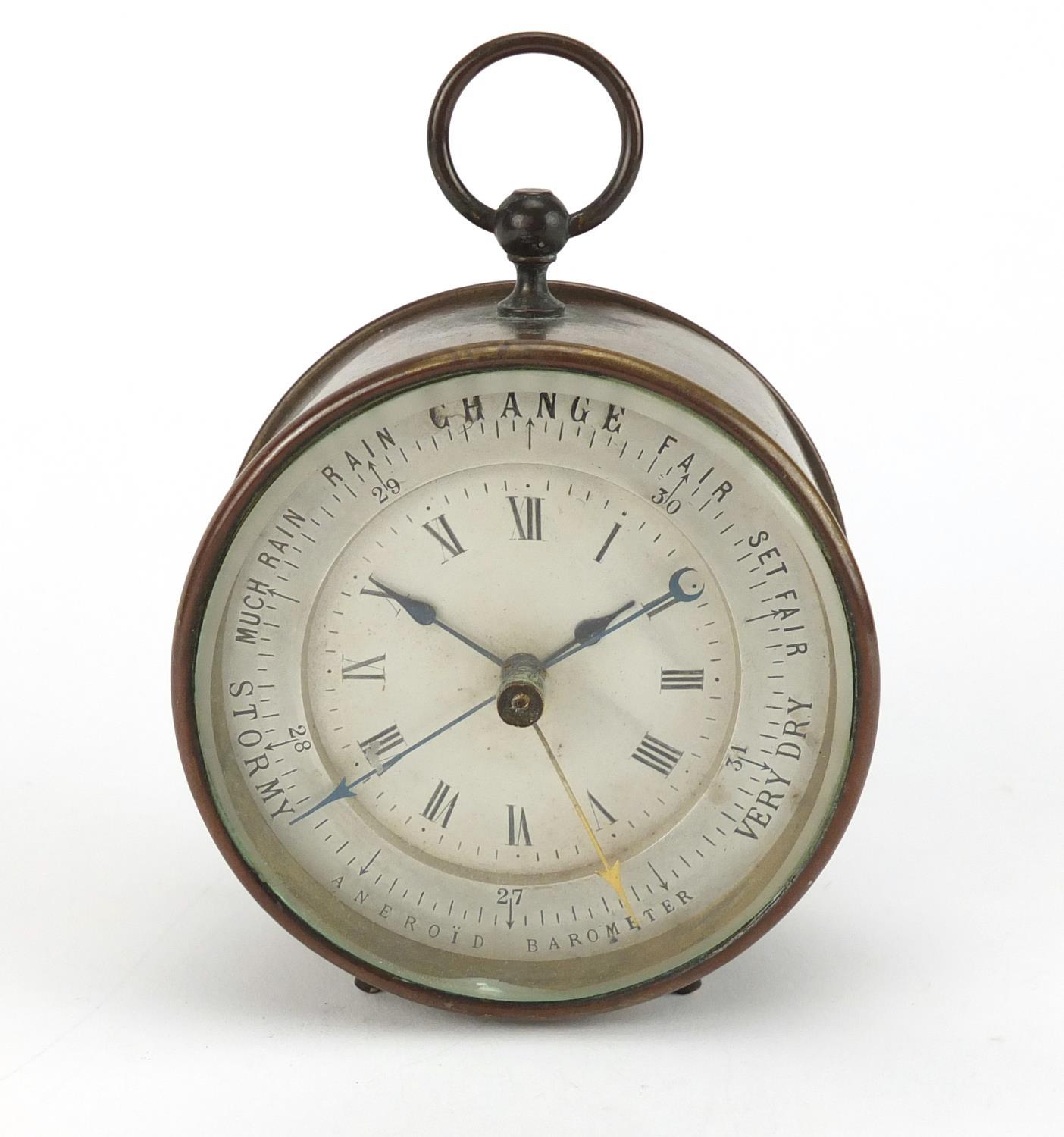 Brass cased desk clock and aneroid barometer, 12cm high :For Further Condition Reports Please - Image 2 of 5