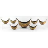 Set of six 19th century Russian lacquered boat dishes and a centre bowl, each hand painted with